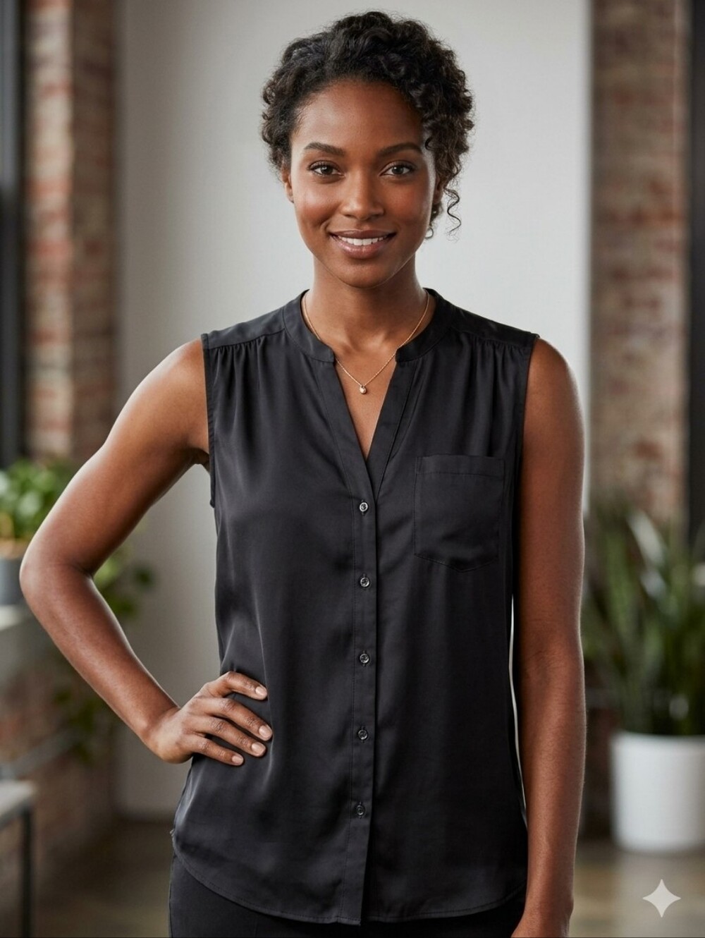 Kenneth Cole Black Sleeveless Button-Down V-Neck Blouse Size M